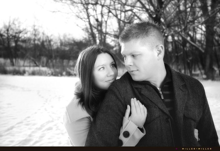black and white chicago snow engagement photos