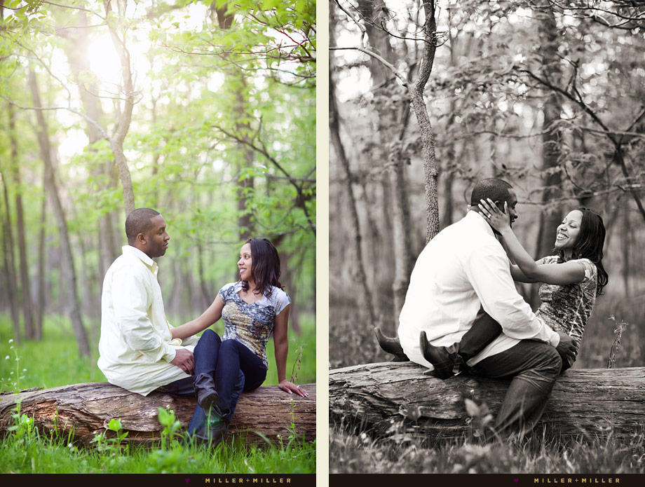 black and white engagement photo woods log black and white engagement photo woods log