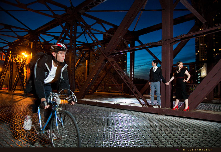 night sky biker chicago bridge unique engagement
