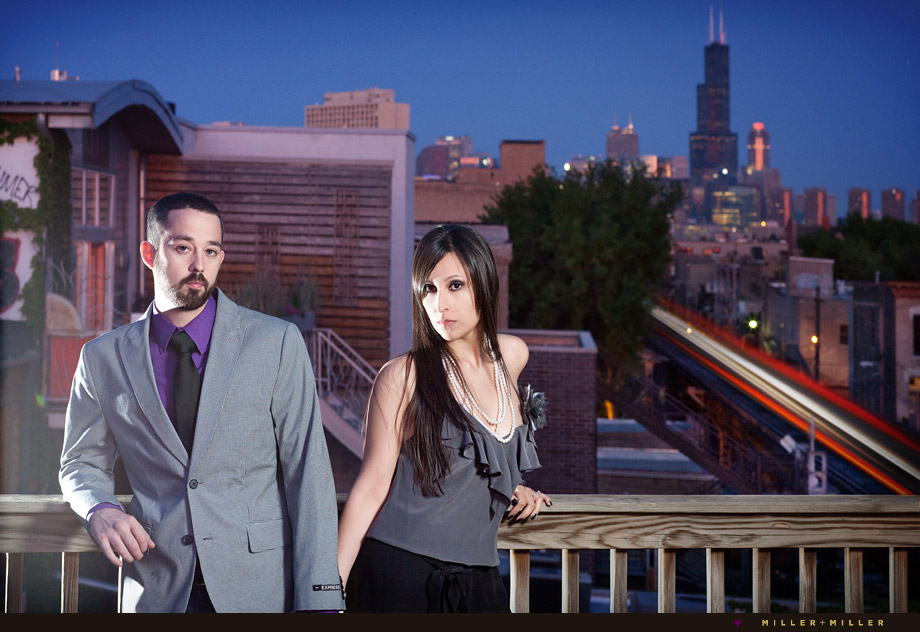 rooftop skyline engagement photographer chicago L tracks