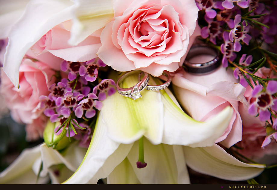 pink flower bouquet wedding rings