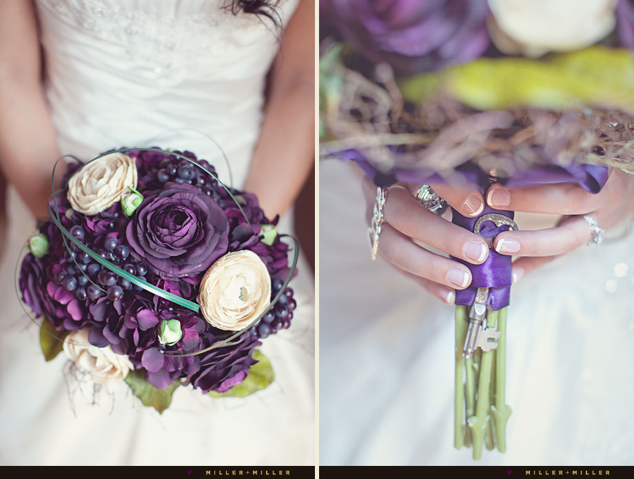 deep purple wedding bouquet vintage key