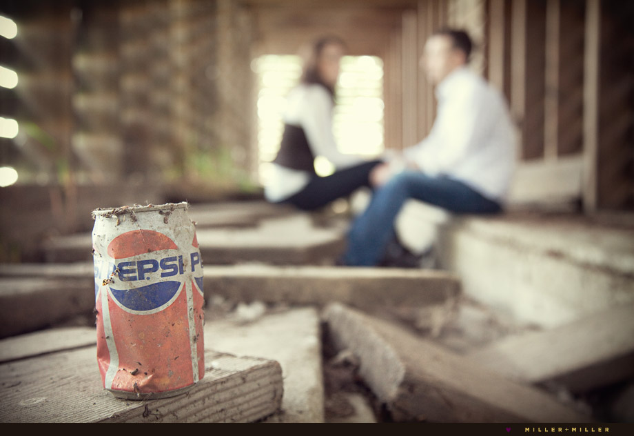 vintage pepsi coke can wooden barn engagement