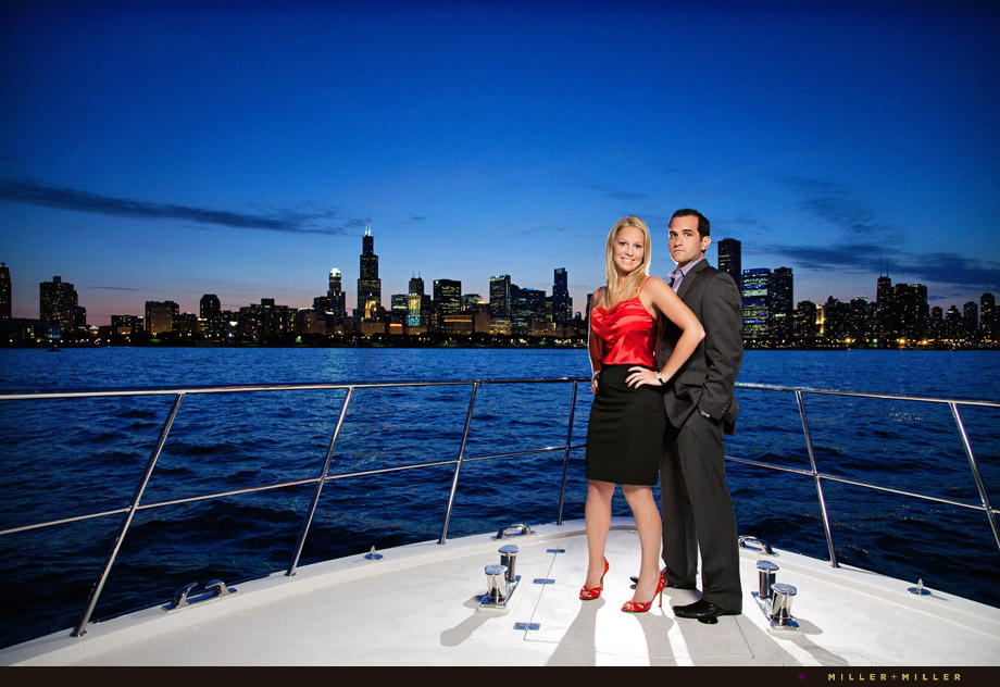 chicago skyline night engagement yacht water