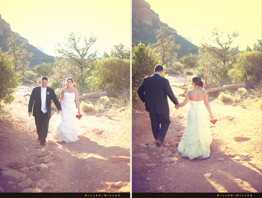 red rock desert bride groom walking