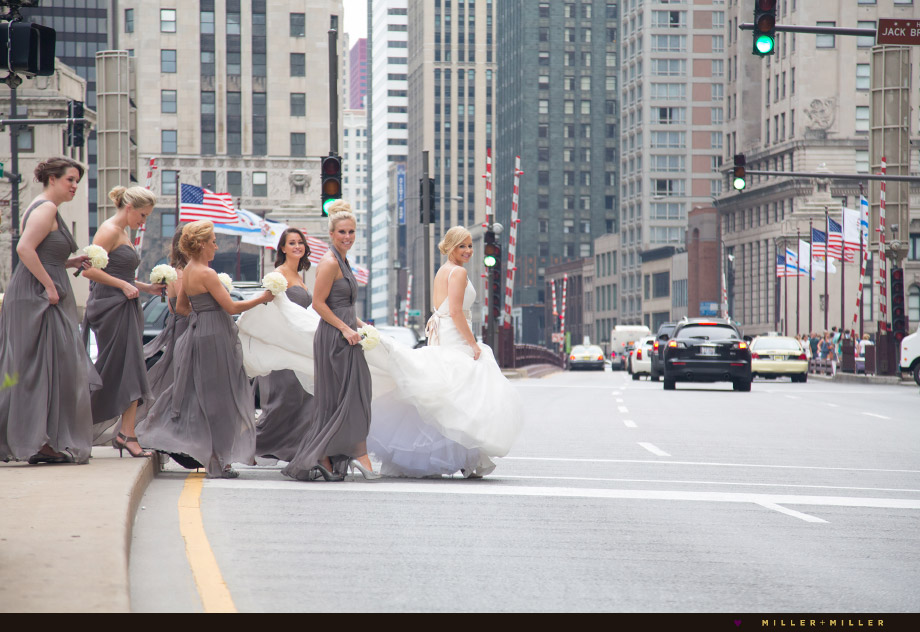 bride walking across street michigan avenue chicago bridge