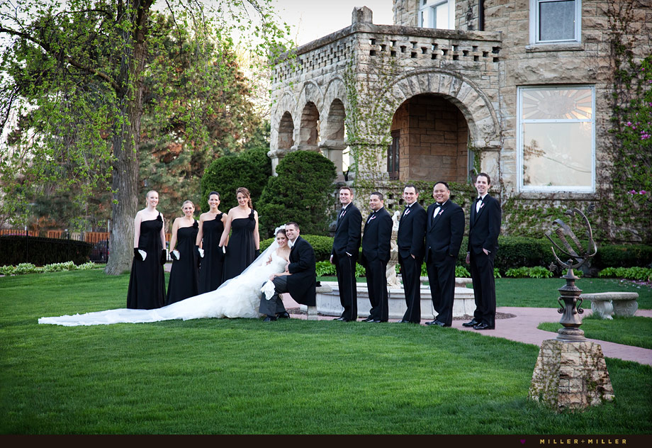 black bridesmaid dresses gloves lawn group photo