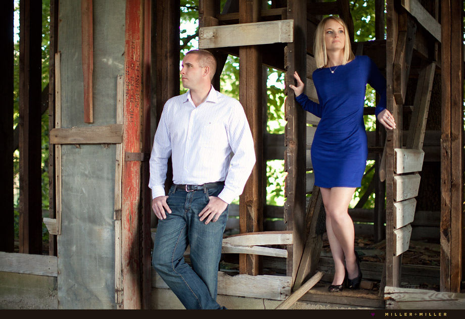 modern engagement photos in abandoned barn
