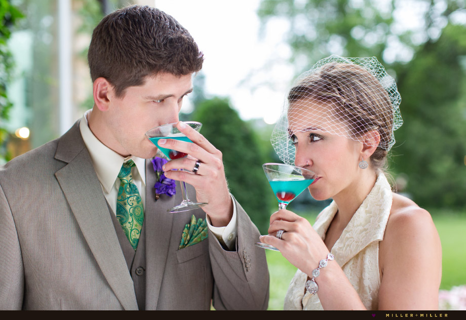 bride drinking turquoise martini