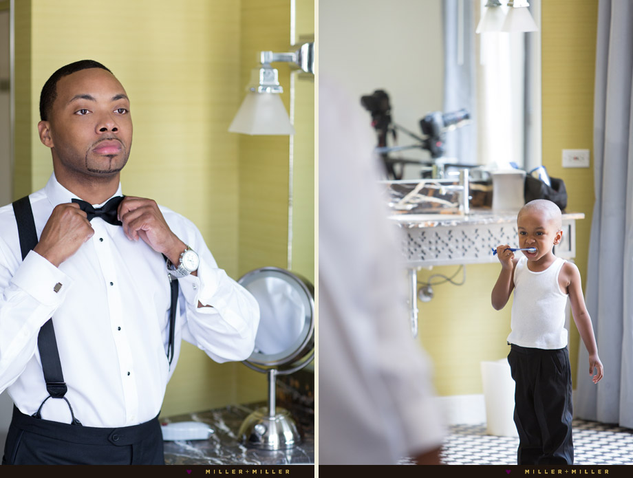 groom dressing son brushing teeth