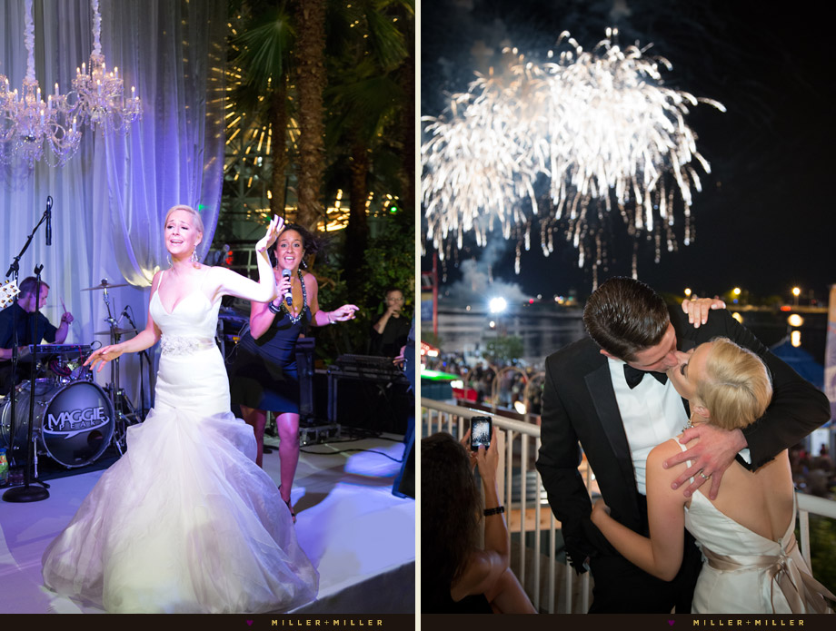 kiss under chicago fireworks bride on stage