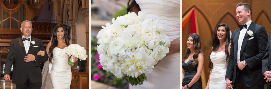 dad walks bride groom white bouquet